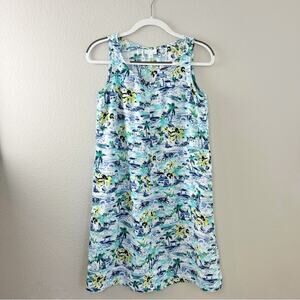 J. Jill Love Linen Shift Dress Sleeveless White Blue Hawaiian Print Pockets XS